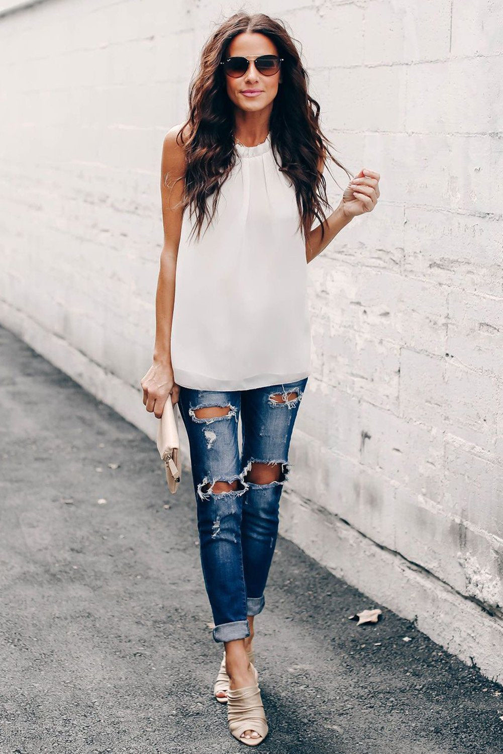 Chic White Ruffle Trim Neckline Tank Top