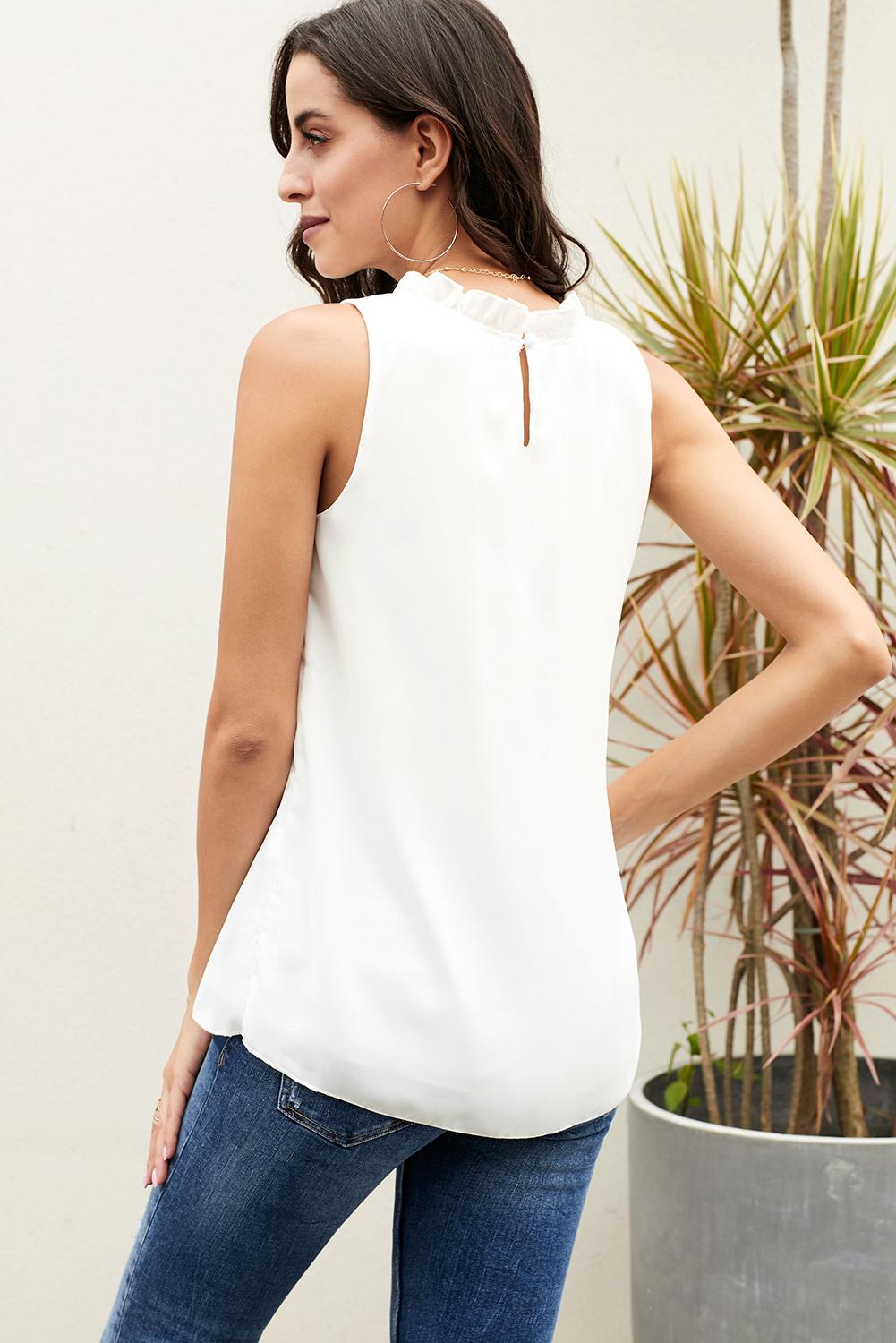 Chic White Ruffle Trim Neckline Tank Top